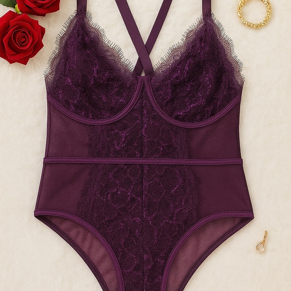 Purple Sheer Lace Mesh Bodysuit XL NWOT No Wire Adjustable Straps - Picture 1 of 4